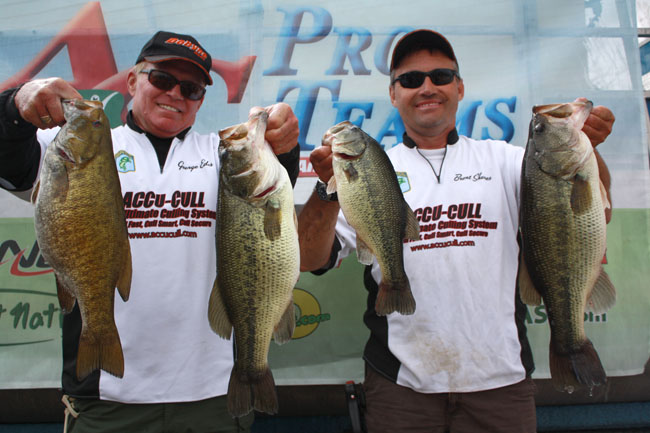 Accu-Cull founders Brent Shores (right) and George Edes (left) holding their winning catch in the Angler's Choice Bass Tournament on CJ Strike Reservoir in Mountain Home, ID (September 2014)